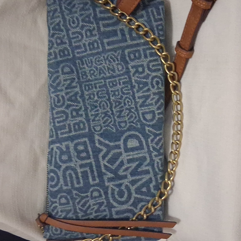 NWT Lucky Brand Denim Logo Crossbody Or Shoulder Bag with Gold Chain
